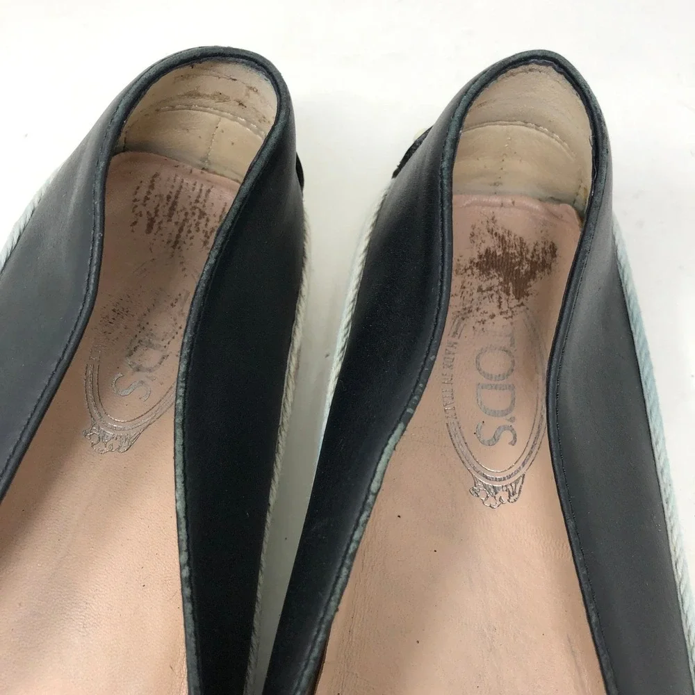 Tod's Womens 37 Espadrille Loafers Black Leather Gommino Driving Shoe‎